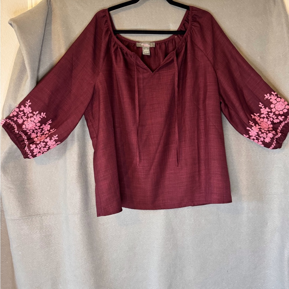 Women's Burgundy Top with Pink Embroidery by Olivia & Martin. Like New.